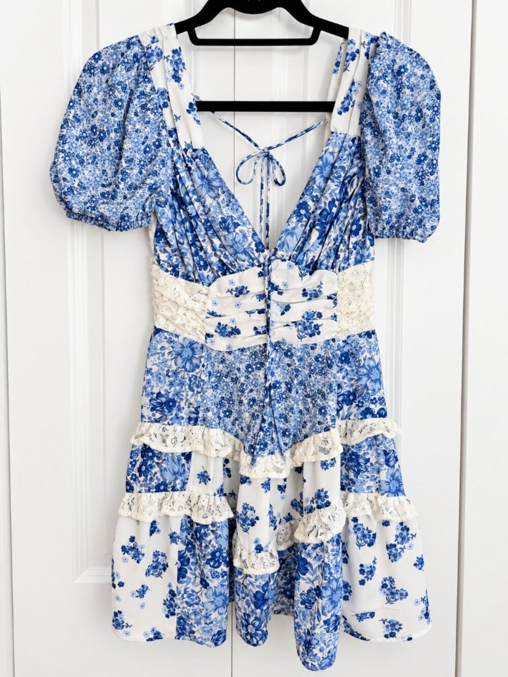 Altar’d State Blue White Floral Patchwork Lace Puff Sleeve Mini Dress XS